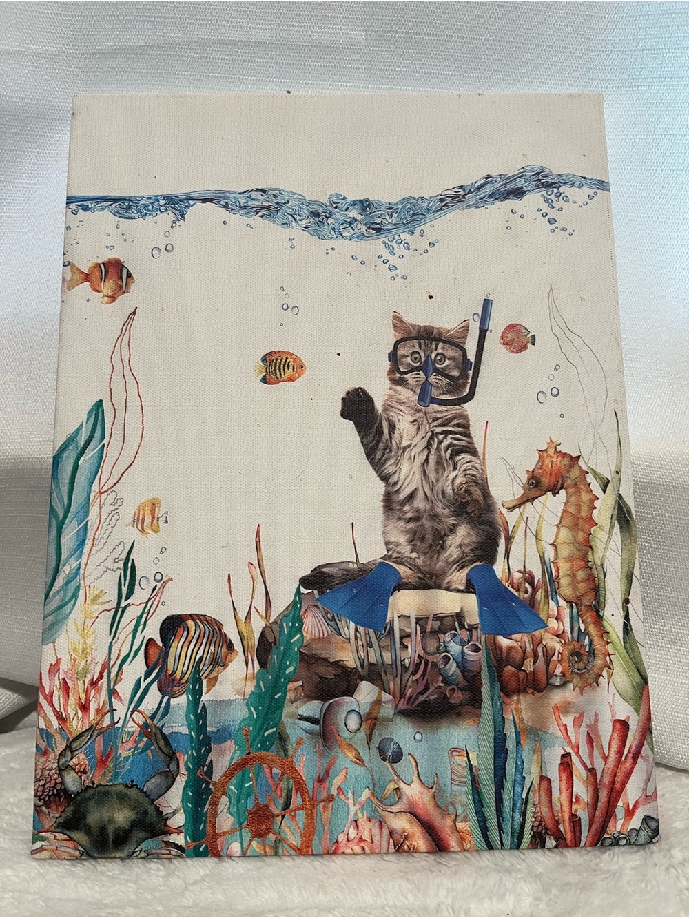 Underwater Cat Canvas Art Print in Blue - Playful Snorkel Design